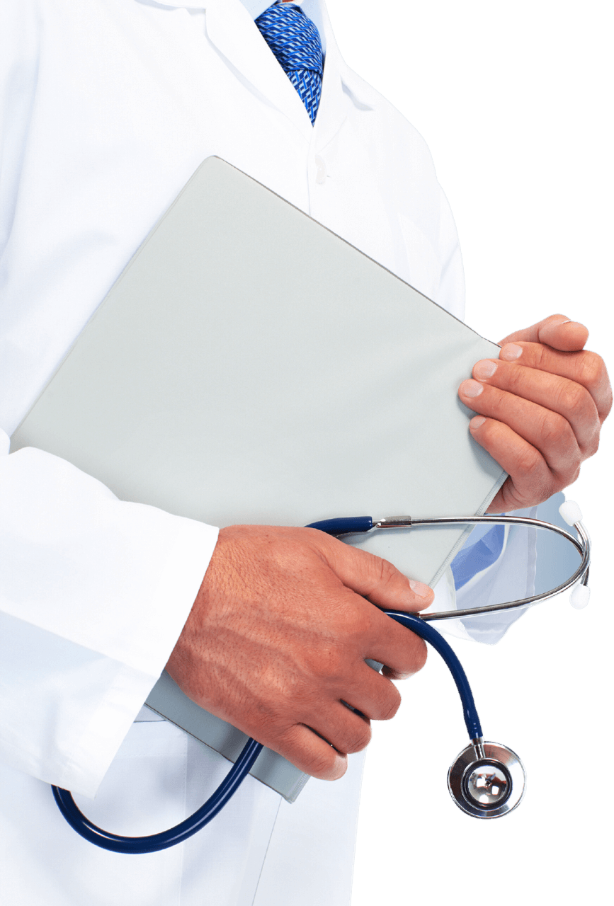 A doctor holding a clipboard and a stethoscope, ready to receive patients.